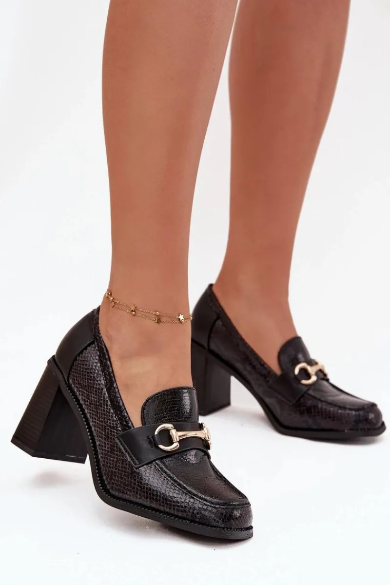 Discount Półbuty Damskie Na Słupku Z Tłoczeniem I Złotym Detalem Czarne Novella Damskie Półbuty Lakierowane|Półbuty Skórzane