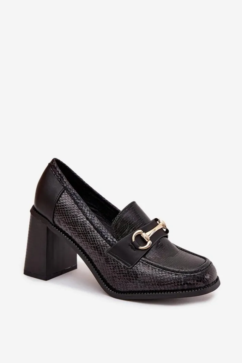 Discount Półbuty Damskie Na Słupku Z Tłoczeniem I Złotym Detalem Czarne Novella Damskie Półbuty Lakierowane|Półbuty Skórzane