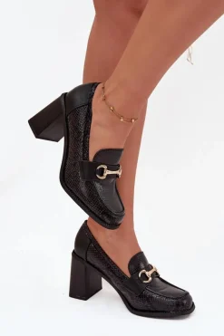 Discount Półbuty Damskie Na Słupku Z Tłoczeniem I Złotym Detalem Czarne Novella Damskie Półbuty Lakierowane|Półbuty Skórzane