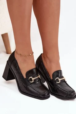 Discount Półbuty Damskie Na Słupku Z Tłoczeniem I Złotym Detalem Czarne Novella Damskie Półbuty Lakierowane|Półbuty Skórzane