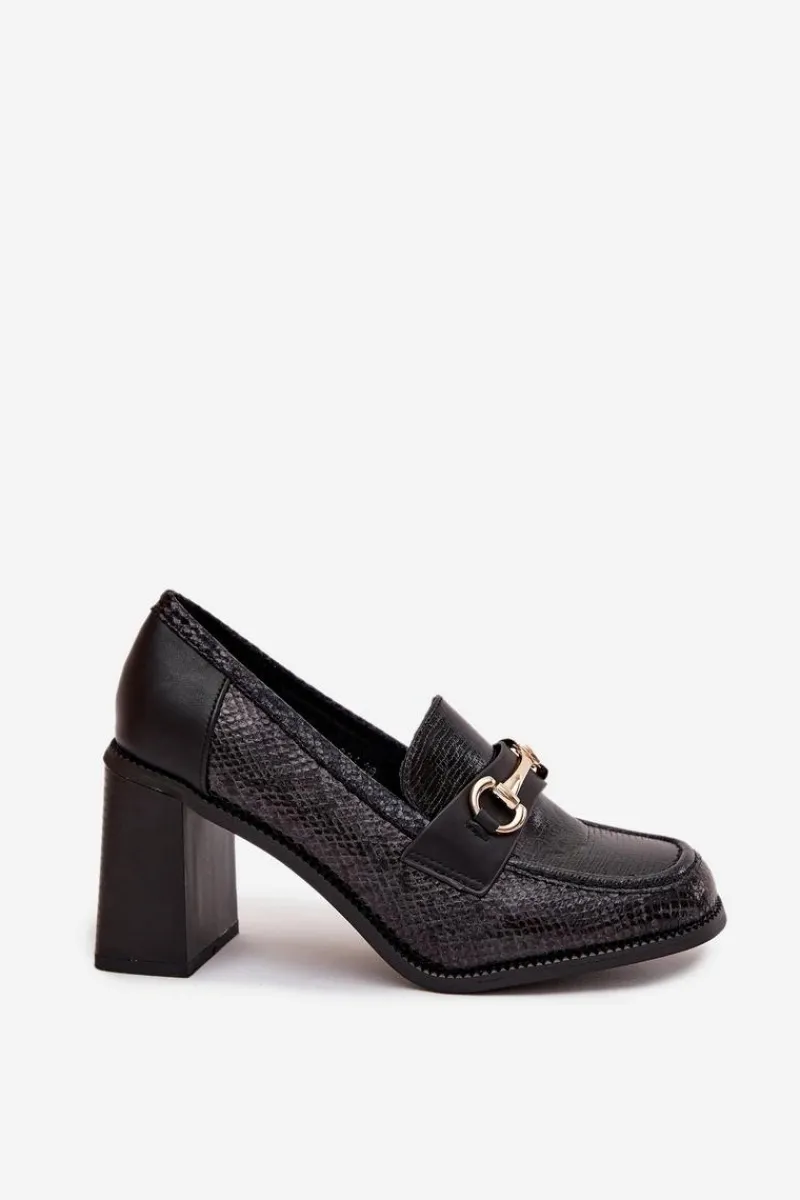 Discount Półbuty Damskie Na Słupku Z Tłoczeniem I Złotym Detalem Czarne Novella Damskie Półbuty Lakierowane|Półbuty Skórzane