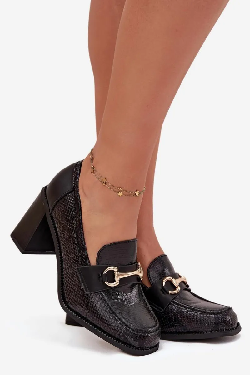 Discount Półbuty Damskie Na Słupku Z Tłoczeniem I Złotym Detalem Czarne Novella Damskie Półbuty Lakierowane|Półbuty Skórzane