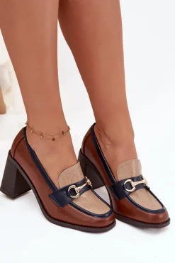 Best Boto Półbuty Damskie Na Słupku Z Tłoczeniem I Złotym Detalem Beżowo-Brązowe Novella Beżowy