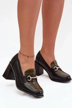 Półbuty Lakierowane|Półbuty Skórzane>Boto Półbuty Damskie Na Słupku Z Tłoczeniem I Złotym Detalem Zielono-Czarne Novella Zielony