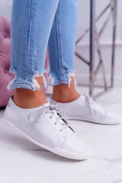 Best Półbuty Damskie Tenisówki Skórzane Białe 4049A Damskie Półbuty Skórzane