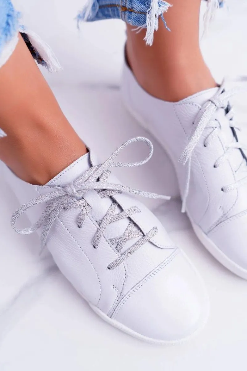 Best Półbuty Damskie Tenisówki Skórzane Białe 4049A Damskie Półbuty Skórzane