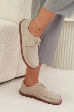 Hot Półbuty Damskie Typu Barefoot Z Naturalnego Zamszu 327 Jasnobeżowe Damskie Półbuty Skórzane|Barefoot