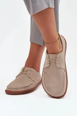 Hot Półbuty Damskie Typu Barefoot Z Naturalnego Zamszu 327 Jasnobeżowe Damskie Półbuty Skórzane|Barefoot