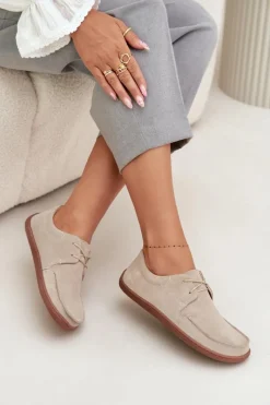 Hot Półbuty Damskie Typu Barefoot Z Naturalnego Zamszu 327 Jasnobeżowe Damskie Półbuty Skórzane|Barefoot