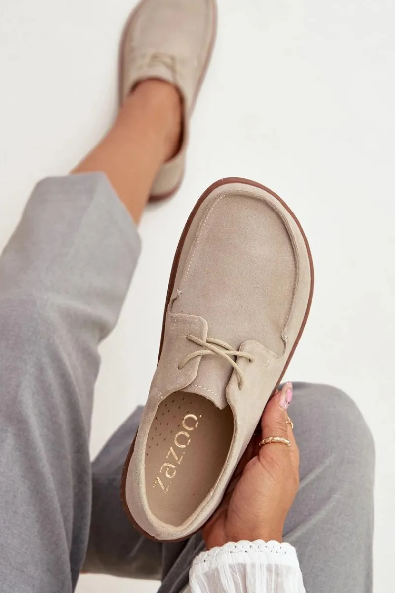 Hot Półbuty Damskie Typu Barefoot Z Naturalnego Zamszu 327 Jasnobeżowe Damskie Półbuty Skórzane|Barefoot