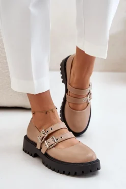 Clearance Półbuty Damskie Z Paskami Eko Skórzane Beżowe Terione Damskie Półbuty Skórzane