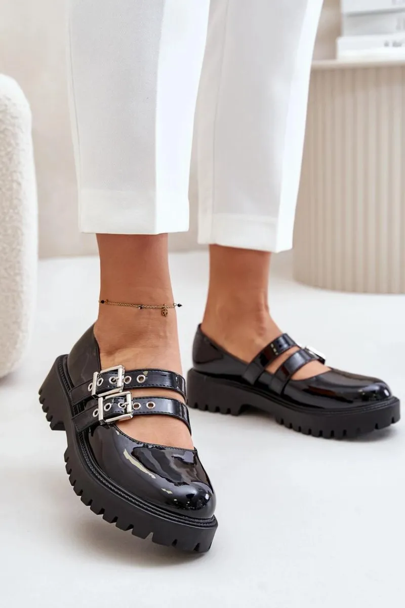 Hot Półbuty Damskie Z Paskami Lakierowane Czarne Terione Damskie Półbuty Lakierowane|Półbuty Skórzane