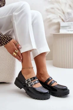 Hot Półbuty Damskie Z Paskami Lakierowane Czarne Terione Damskie Półbuty Lakierowane|Półbuty Skórzane