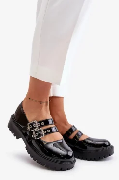 Hot Półbuty Damskie Z Paskami Lakierowane Czarne Terione Damskie Półbuty Lakierowane|Półbuty Skórzane