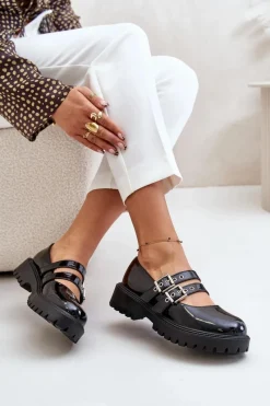 Hot Półbuty Damskie Z Paskami Lakierowane Czarne Terione Damskie Półbuty Lakierowane|Półbuty Skórzane