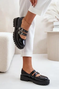 Hot Półbuty Damskie Z Paskami Lakierowane Czarne Terione Damskie Półbuty Lakierowane|Półbuty Skórzane