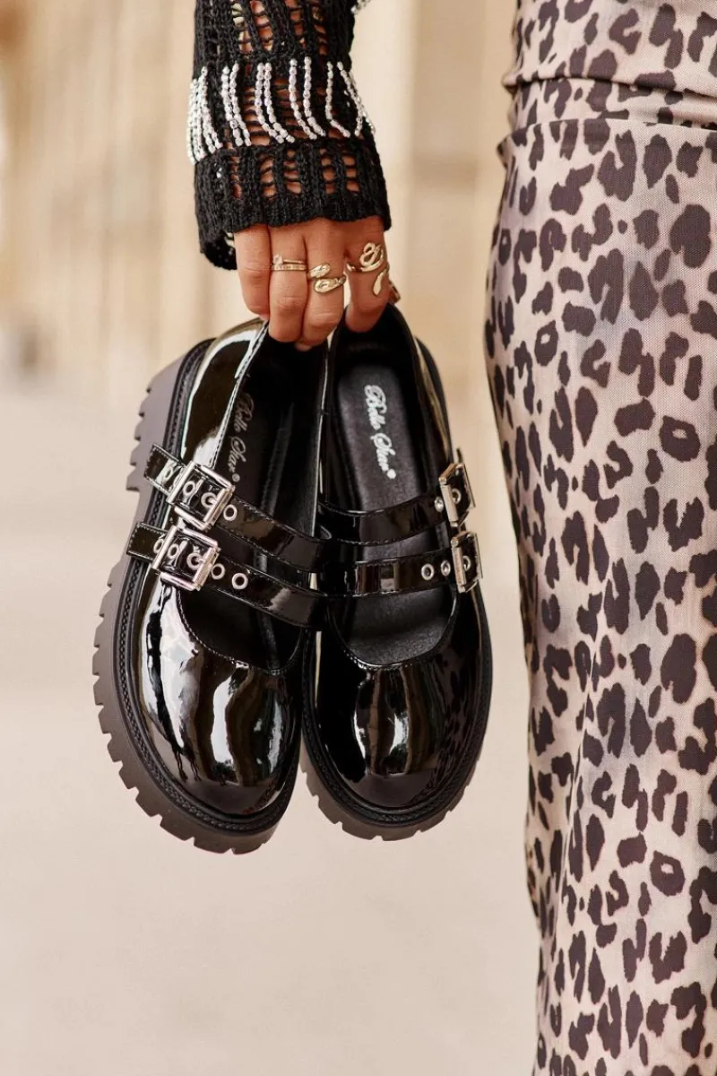 Hot Półbuty Damskie Z Paskami Lakierowane Czarne Terione Damskie Półbuty Lakierowane|Półbuty Skórzane