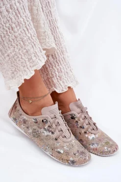 Best Półbuty Damskie Ze Skóry Naturalnej Wzorzyste 56C2689 Beżowe Damskie Półbuty Skórzane