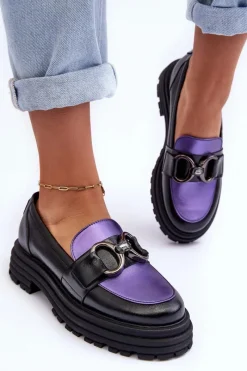 Półbuty Skórzane>Laura Messi Półbuty Loafersy Damskie Skórzane Na Płaskim Obcasie Czarno-Fioletowe Elkiza