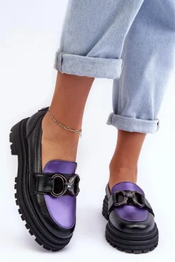 Półbuty Skórzane></noscript>Laura Messi Półbuty Loafersy Damskie Skórzane Na Płaskim Obcasie Czarno-Fioletowe Elkiza