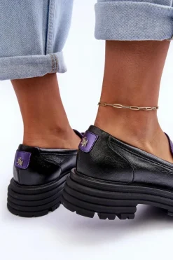 Półbuty Skórzane></noscript>Laura Messi Półbuty Loafersy Damskie Skórzane Na Płaskim Obcasie Czarno-Fioletowe Elkiza