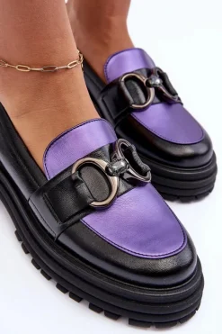 Półbuty Skórzane></noscript>Laura Messi Półbuty Loafersy Damskie Skórzane Na Płaskim Obcasie Czarno-Fioletowe Elkiza