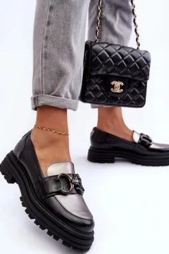 New Laura Messi Półbuty Loafersy Damskie Skórzane Na Płaskim Obcasie Czarne Elkiza Czarny