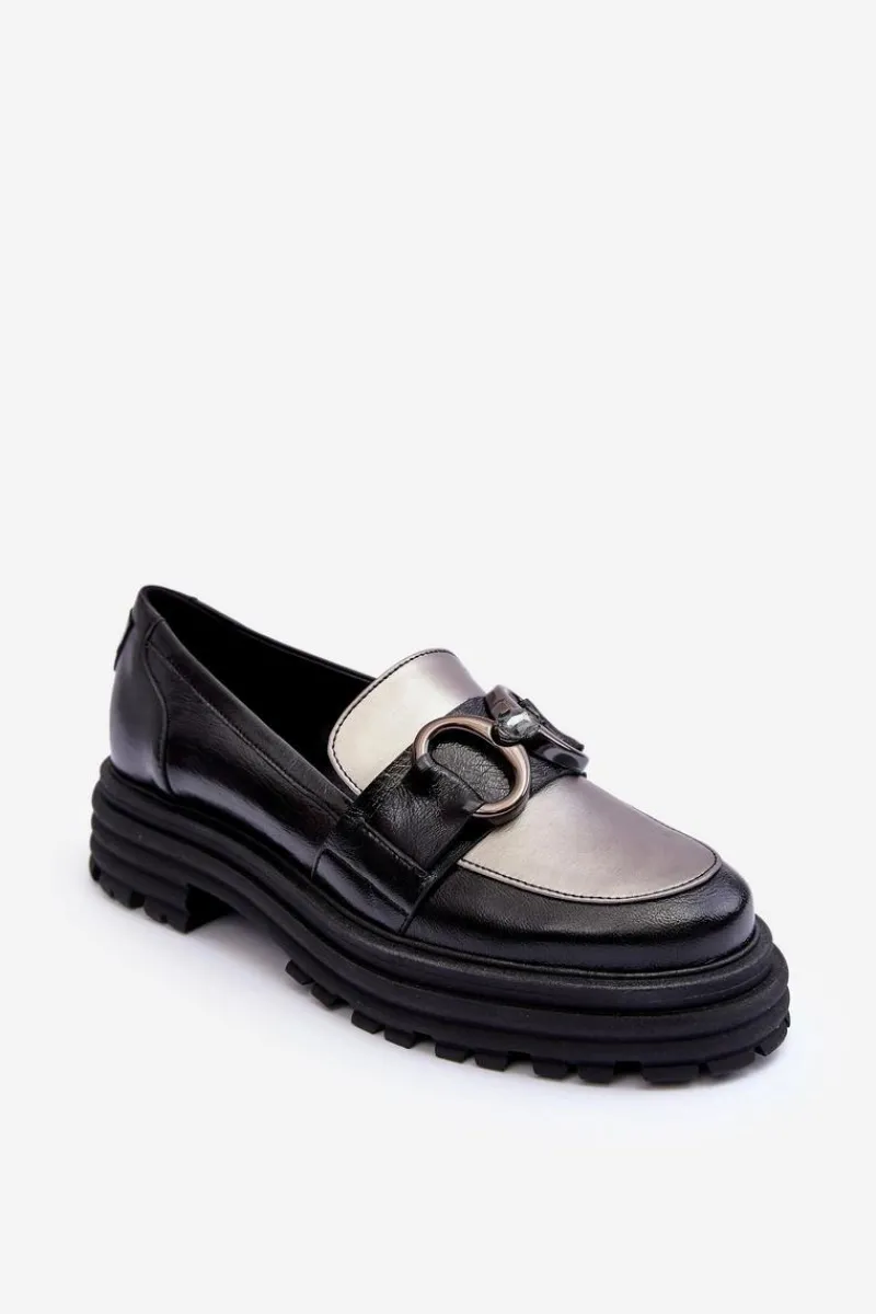 New Laura Messi Półbuty Loafersy Damskie Skórzane Na Płaskim Obcasie Czarne Elkiza Czarny