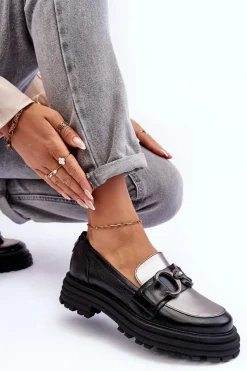 New Laura Messi Półbuty Loafersy Damskie Skórzane Na Płaskim Obcasie Czarne Elkiza Czarny