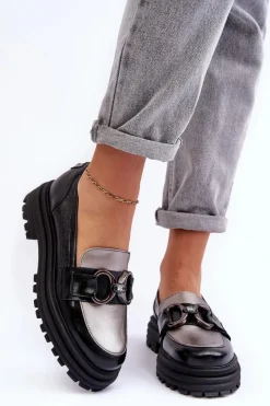 New Laura Messi Półbuty Loafersy Damskie Skórzane Na Płaskim Obcasie Czarne Elkiza Czarny