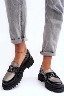 New Laura Messi Półbuty Loafersy Damskie Skórzane Na Płaskim Obcasie Czarne Elkiza Czarny