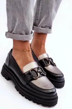 New Laura Messi Półbuty Loafersy Damskie Skórzane Na Płaskim Obcasie Czarne Elkiza Czarny