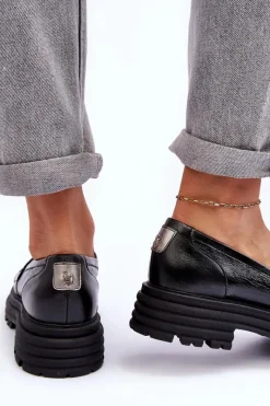 New Laura Messi Półbuty Loafersy Damskie Skórzane Na Płaskim Obcasie Czarne Elkiza Czarny