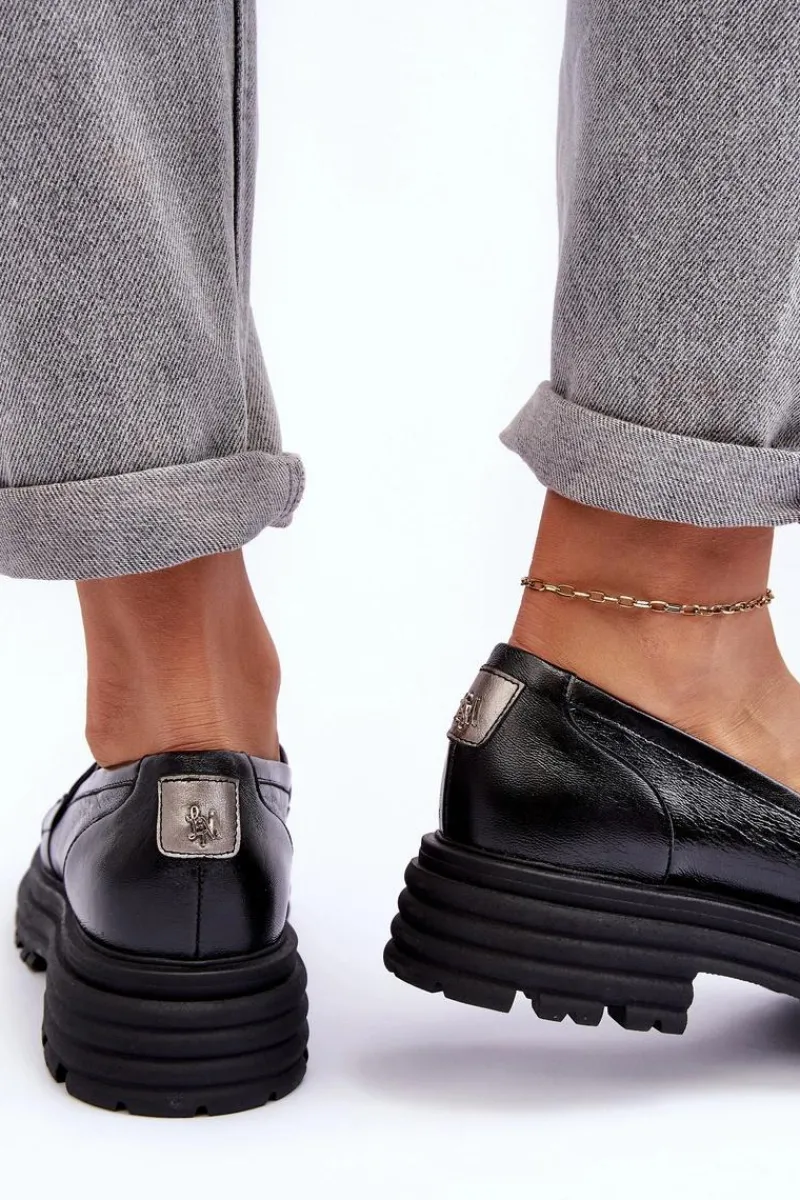 New Laura Messi Półbuty Loafersy Damskie Skórzane Na Płaskim Obcasie Czarne Elkiza Czarny