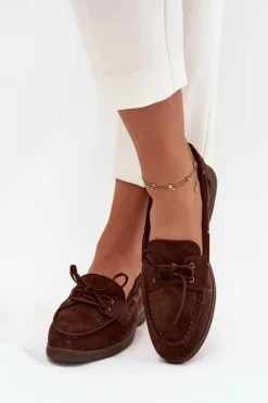 Outlet Półbuty Mokasyny Damskie Płaskie Z Wiązaniem Czekoladowe Zalina Damskie Loafersy Damskie|Mokasyny Płaskie