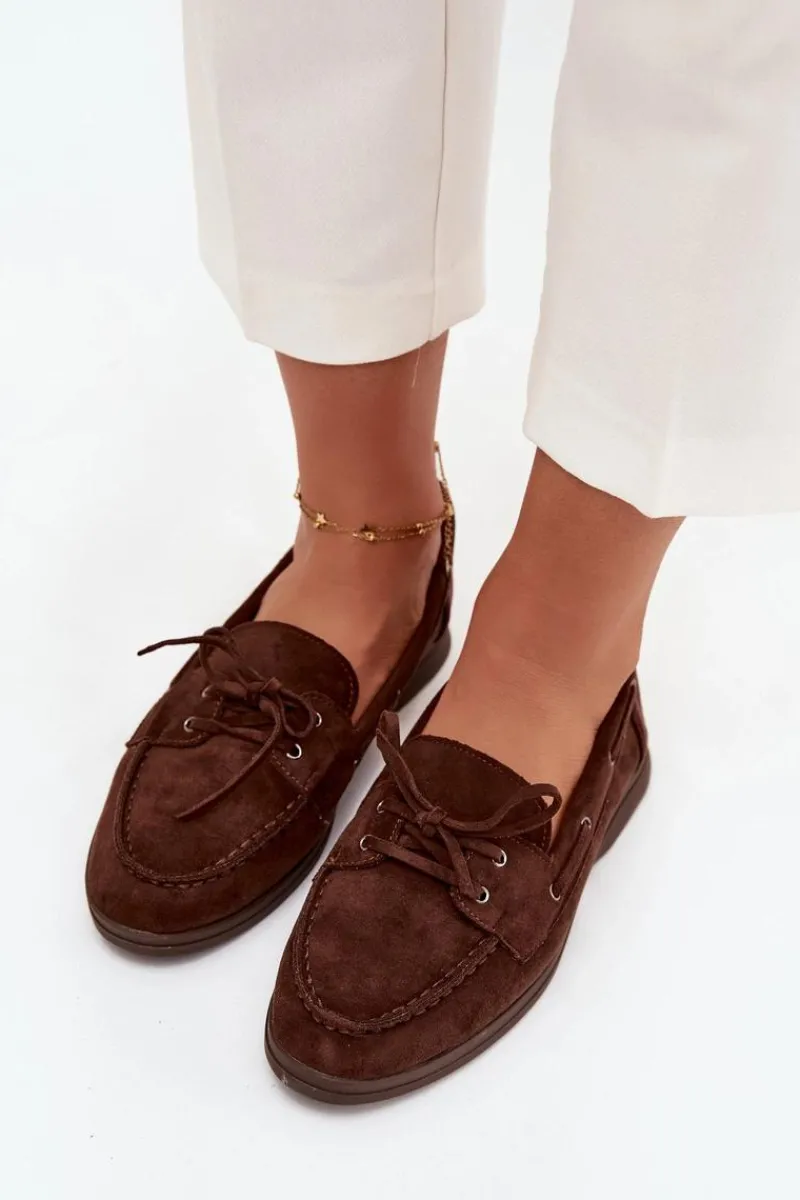 Outlet Półbuty Mokasyny Damskie Płaskie Z Wiązaniem Czekoladowe Zalina Damskie Loafersy Damskie|Mokasyny Płaskie
