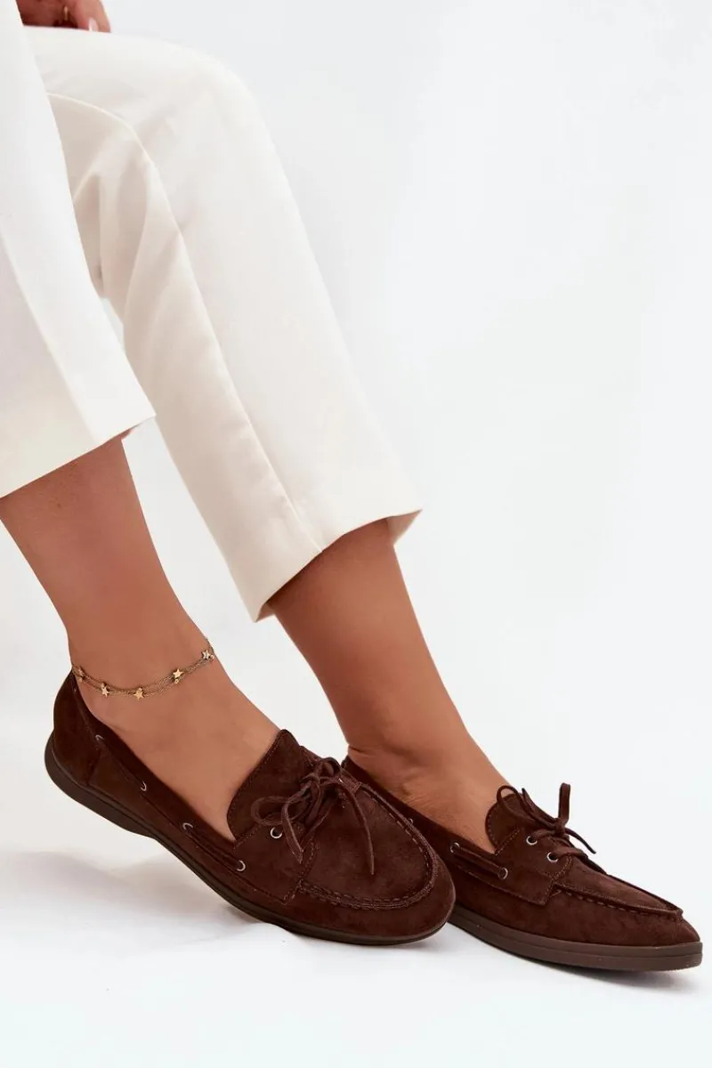Outlet Półbuty Mokasyny Damskie Płaskie Z Wiązaniem Czekoladowe Zalina Damskie Loafersy Damskie|Mokasyny Płaskie