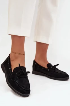 New Boto Półbuty Mokasyny Damskie Płaskie Z Wiązaniem Czarne Zalina Czarny