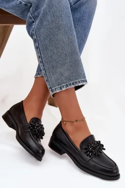 Hot Półbuty Mokasyny Damskie Z Ozdobą Czarne Murelle Damskie Loafersy Damskie|Półbuty Skórzane
