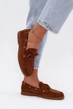 Loafersy Damskie|Mokasyny Płaskie>Boto Półbuty Mokasyny Damskie Z Wiązaniem Camel Calivra Brązowy