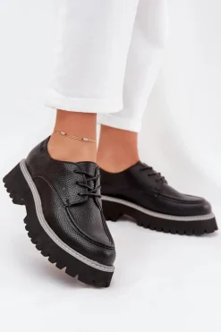 Mokasyny Płaskie|Mokasyny Damskie Skórzane>Big Star Shoes Półbuty Mokasyny Damskie Ze Sznurowaniem Big Star NN274052 Czarne Czarny