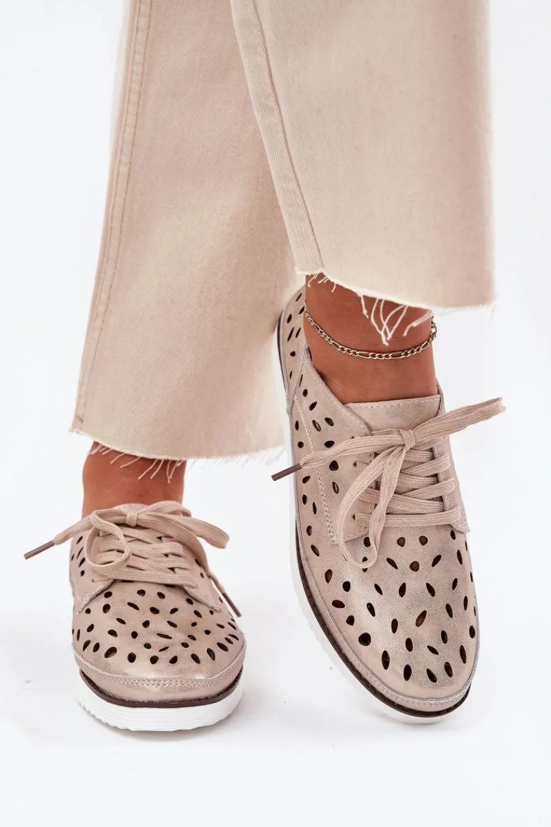 Hot Półbuty Skórzane Damskie S.Barski LR51-611 Złote Damskie Półbuty Skórzane