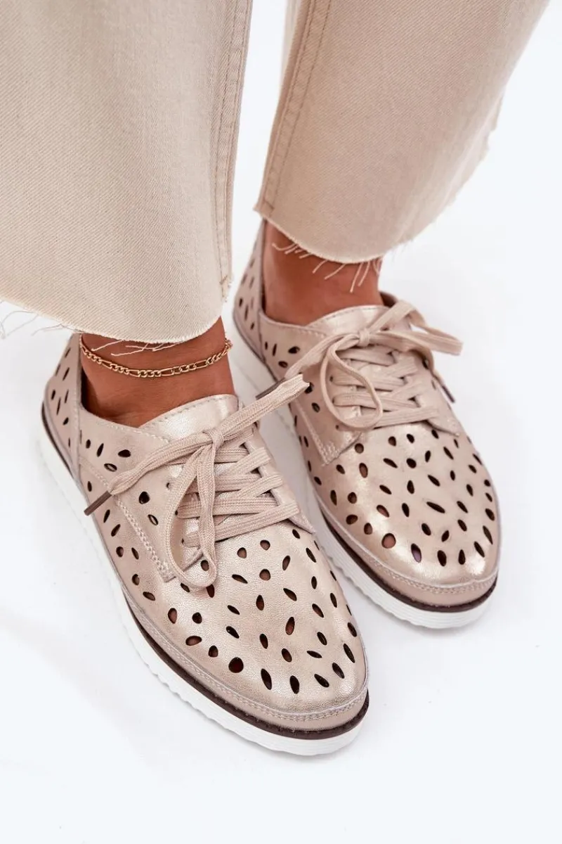 Hot Półbuty Skórzane Damskie S.Barski LR51-611 Złote Damskie Półbuty Skórzane