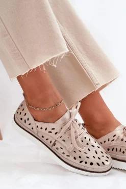 Hot Półbuty Skórzane Damskie S.Barski LR51-611 Złote Damskie Półbuty Skórzane