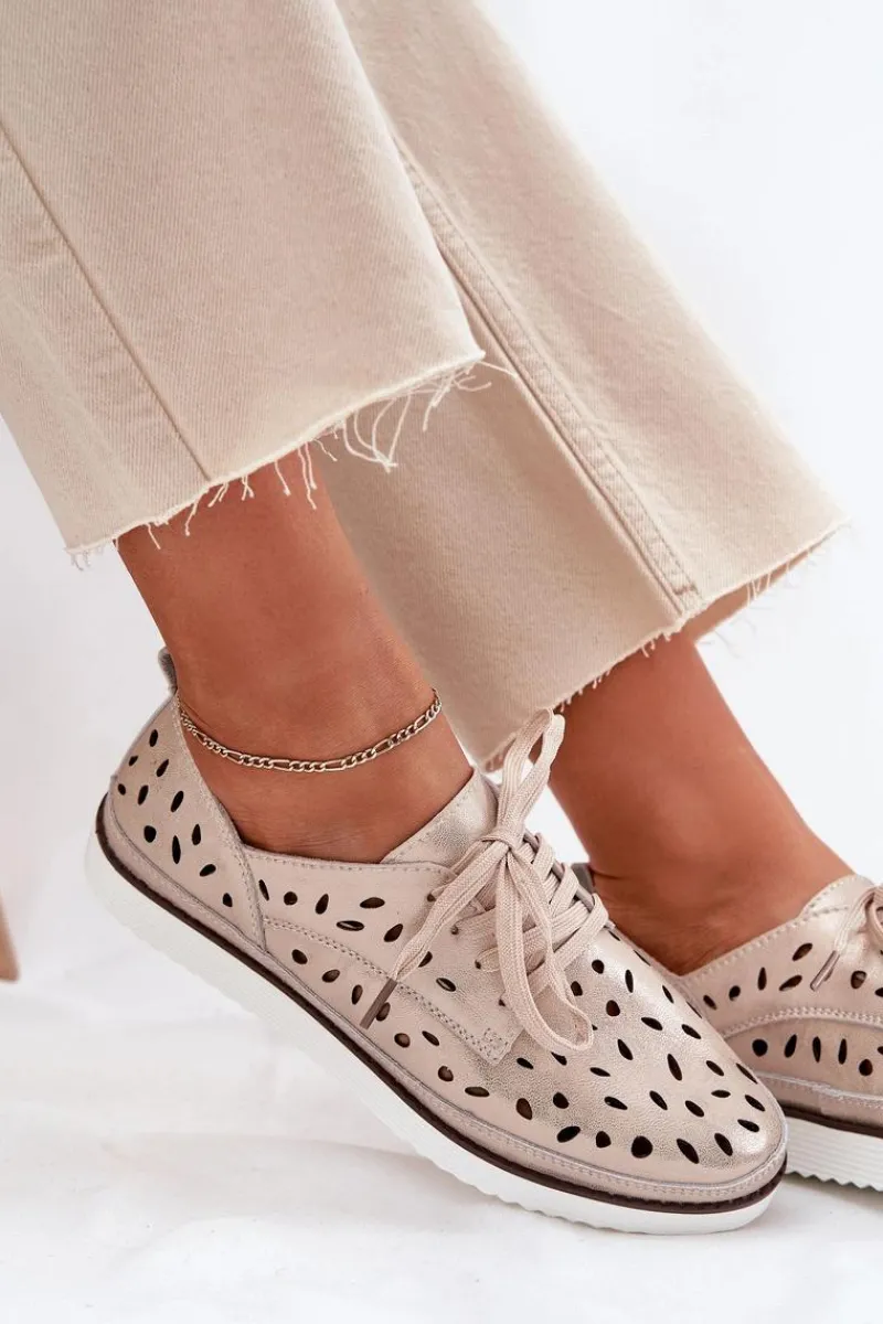 Hot Półbuty Skórzane Damskie S.Barski LR51-611 Złote Damskie Półbuty Skórzane