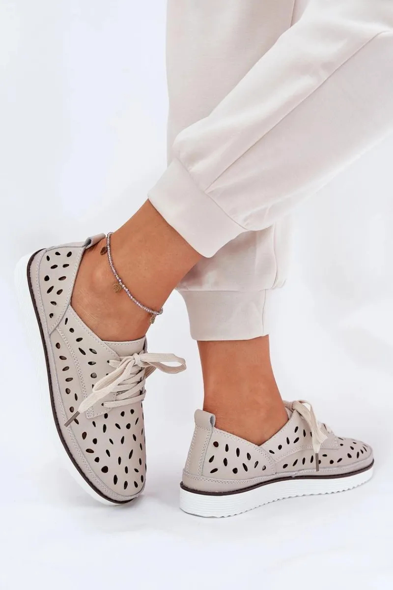 Outlet Półbuty Skórzane Damskie S.Barski LR51-610 Beżowe Damskie Półbuty Skórzane