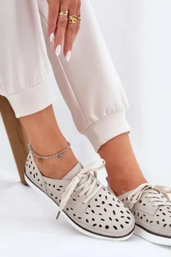 Outlet Półbuty Skórzane Damskie S.Barski LR51-610 Beżowe Damskie Półbuty Skórzane