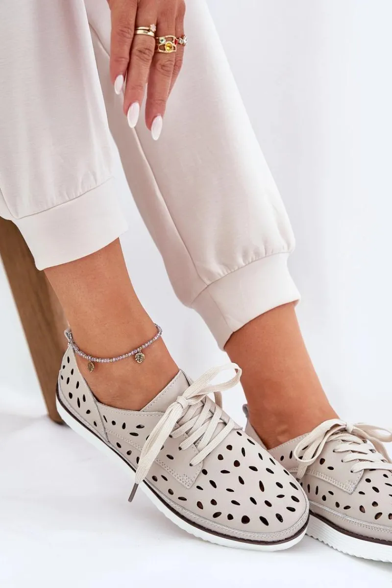 Outlet Półbuty Skórzane Damskie S.Barski LR51-610 Beżowe Damskie Półbuty Skórzane