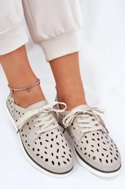 Outlet Półbuty Skórzane Damskie S.Barski LR51-610 Beżowe Damskie Półbuty Skórzane