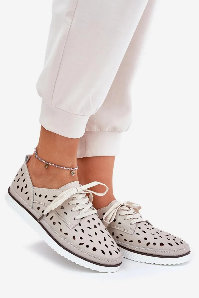 Outlet Półbuty Skórzane Damskie S.Barski LR51-610 Beżowe Damskie Półbuty Skórzane